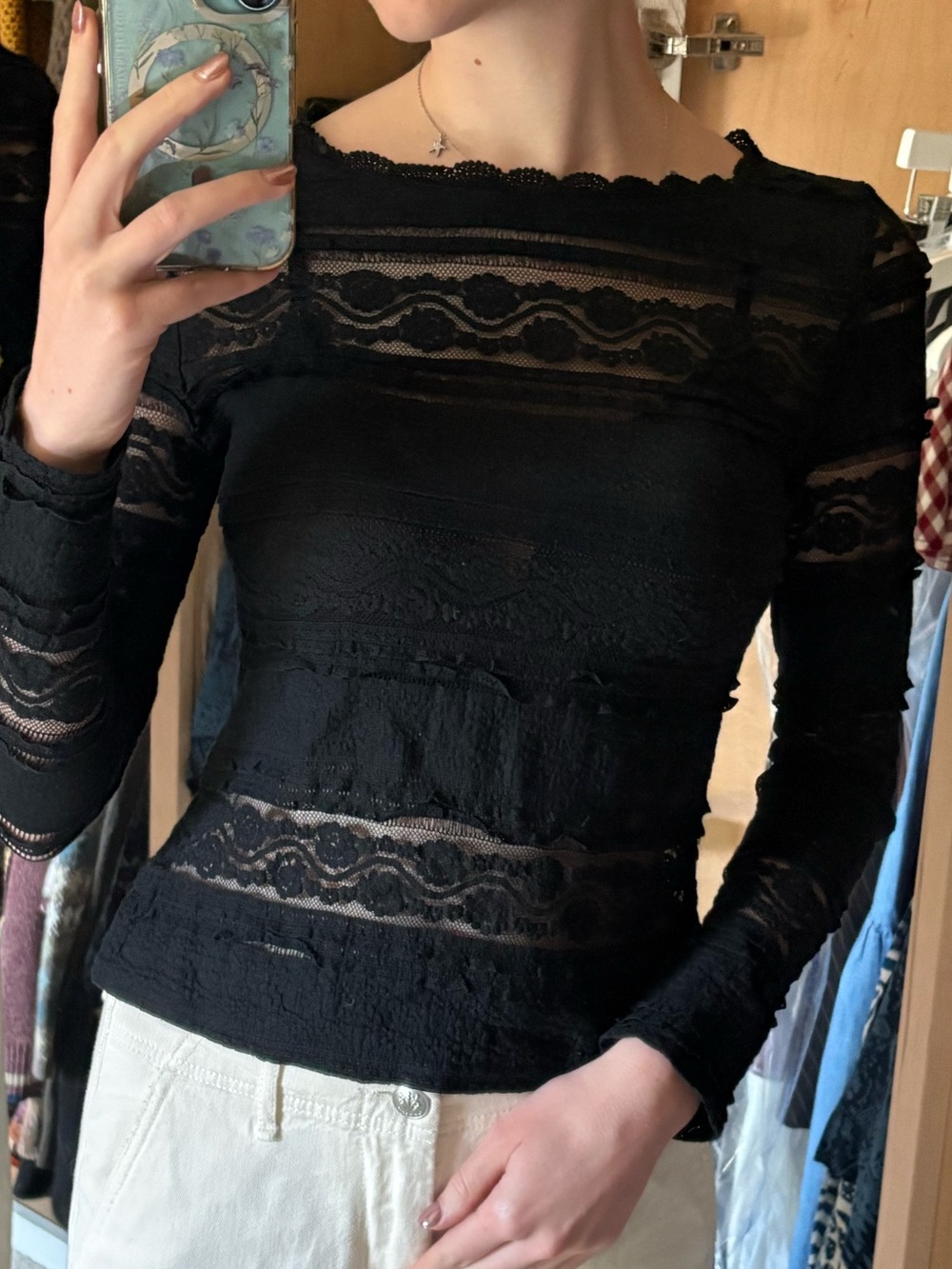 Lace Overlay Long Sleeve Tee - Black